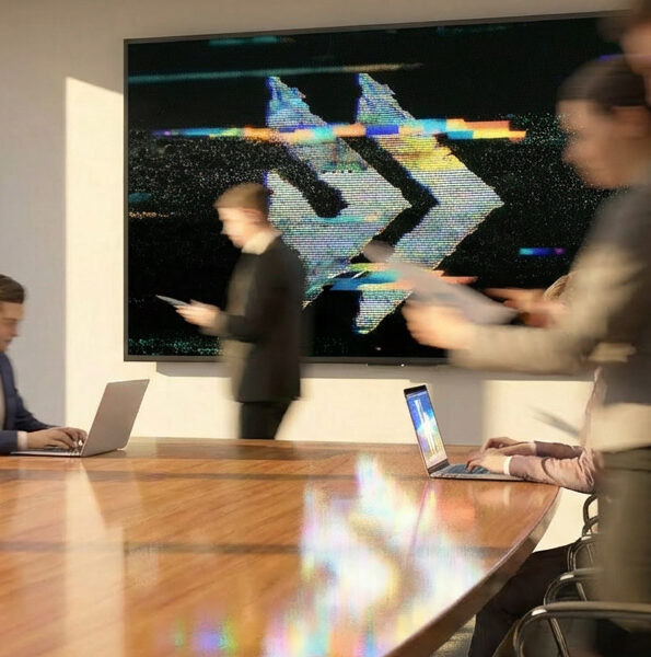Executive GTM team in modern boardroom with digital forward arrows representing revenue acceleration